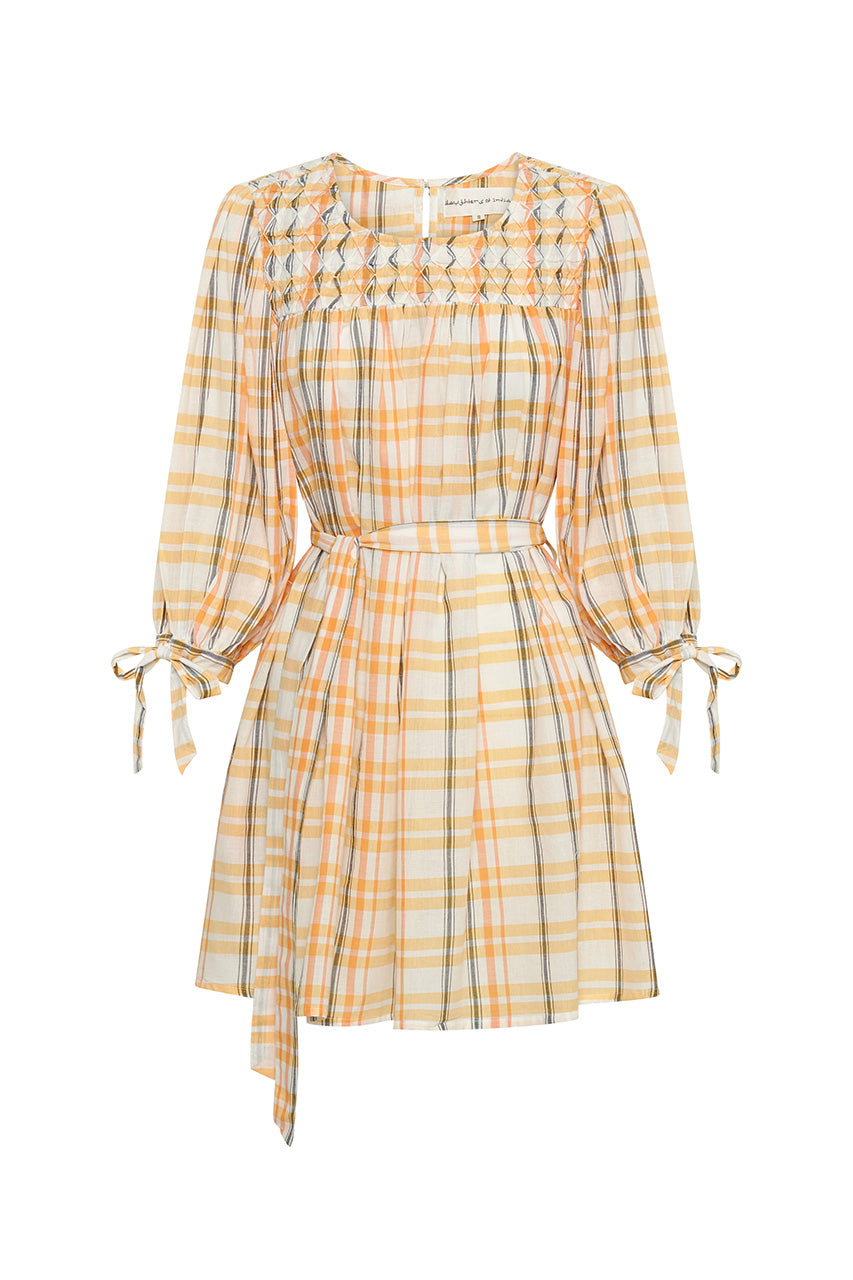 Freya Dress Honeycomb Plaid — ghost flat lay on white, full silhouette with cuff ties and waist belt, embroidered neckline panel, handloom woven honeycomb yellow plaid, artisan shift dress | Daughters of India