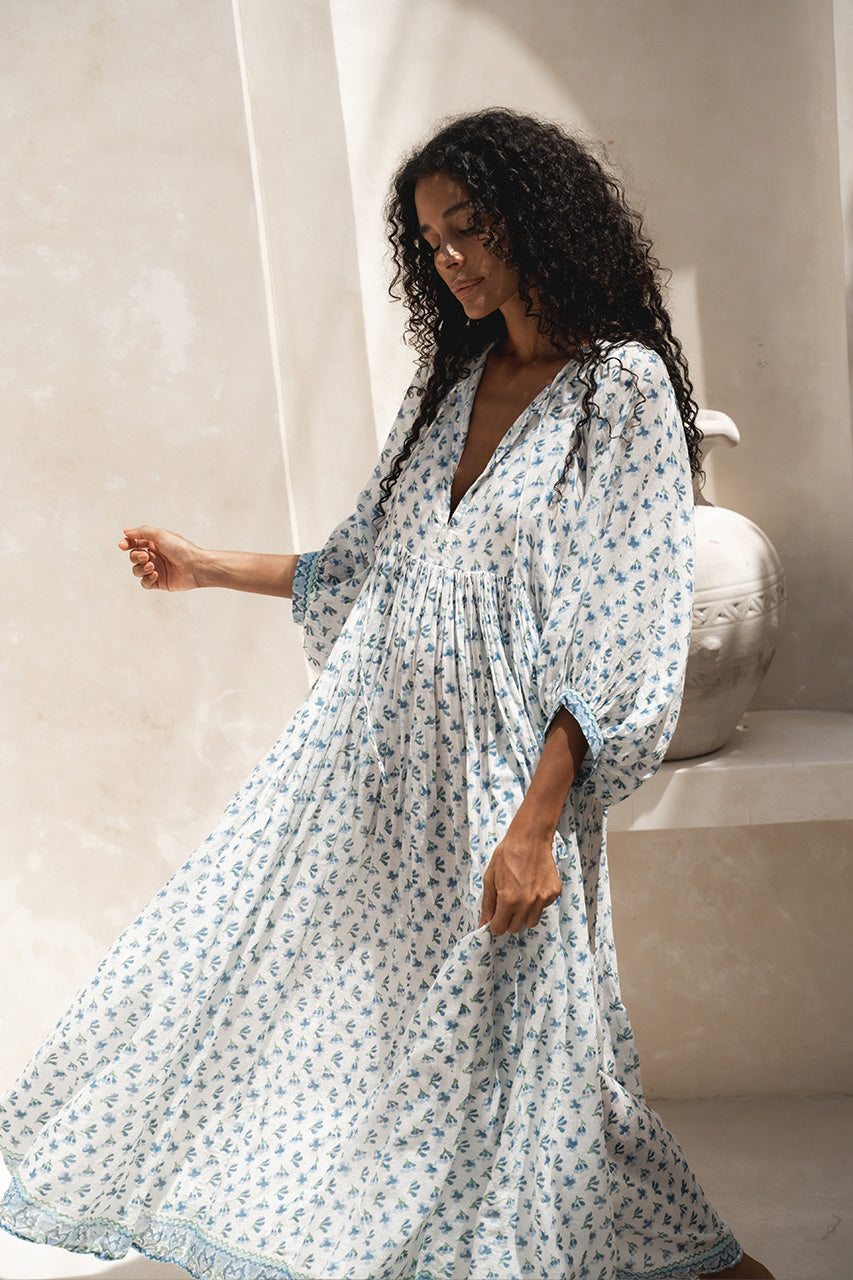 Daughters of India Kyra Maxi Dress in Azure — upper body V-neckline and billowed sleeves, blue floral block print cotton