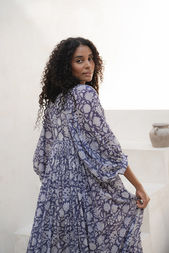 Kyra Midi Dress Blue Iris — back view showing flowing silhouette, hand block print cotton | Daughters of India