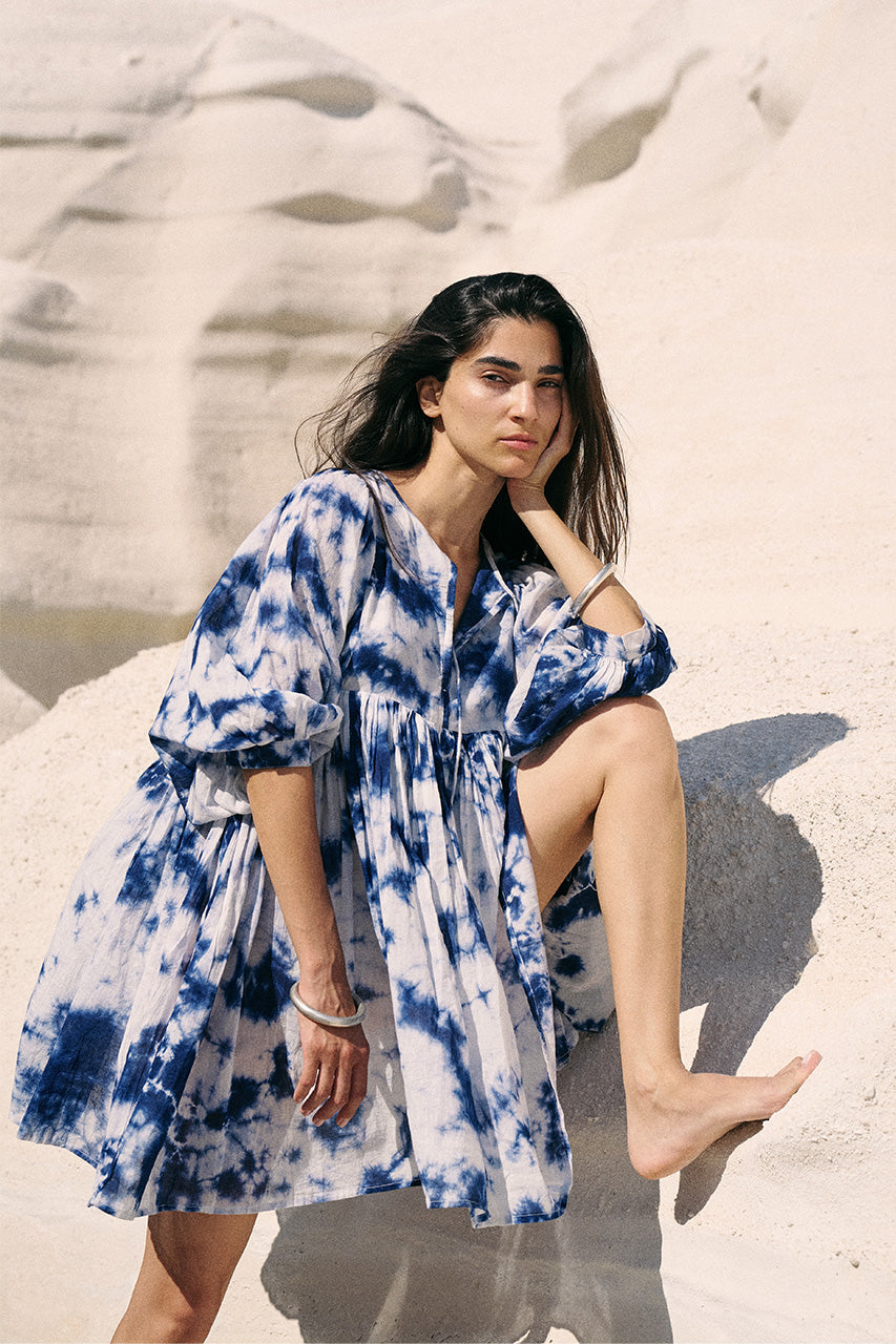 Kyra Mini Dress ~ Deep Sea | Hand Tie Dye Cotton Dress – Daughters of India