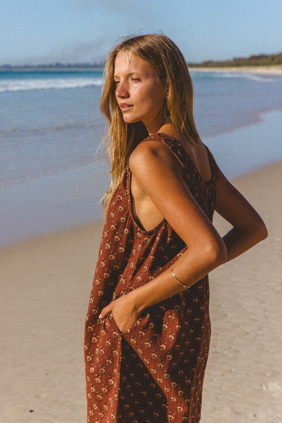 Sundress Mini Almond — studio back view, open back silhouette, mini hemline, tie-gather neckline, warm almond hand block print cotton dress, artisan Jaipur India | Daughters of India