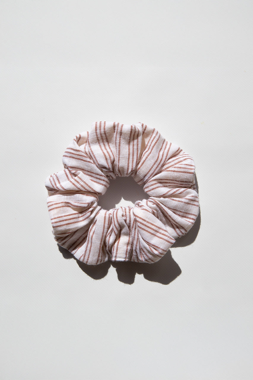 Daughters of India Upcycled Scrunchie in Vanilla, a cream and pink striped hair scrunchie made from upcycled cotton fabric