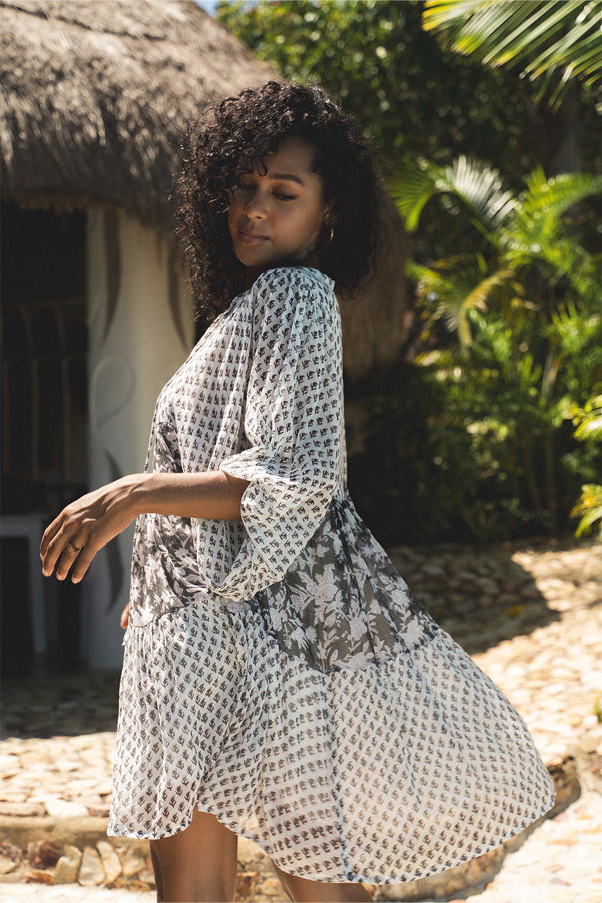 Nora Mini Dress ~ Noir | Artisan Hand Crafted Block Print Dress – DOI