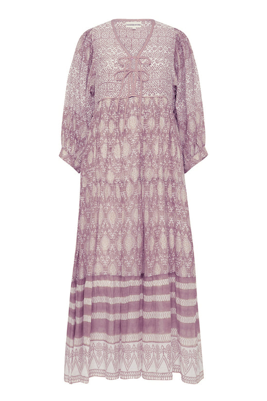 Jasmine Maxi Dress Lavender — ghost flat lay on white, full silhouette with V-neckline tie yoke, tiered skirt with stripe hem border, hand block print lavender cotton maxi, Jaipur artisan crafted | Daughters of India