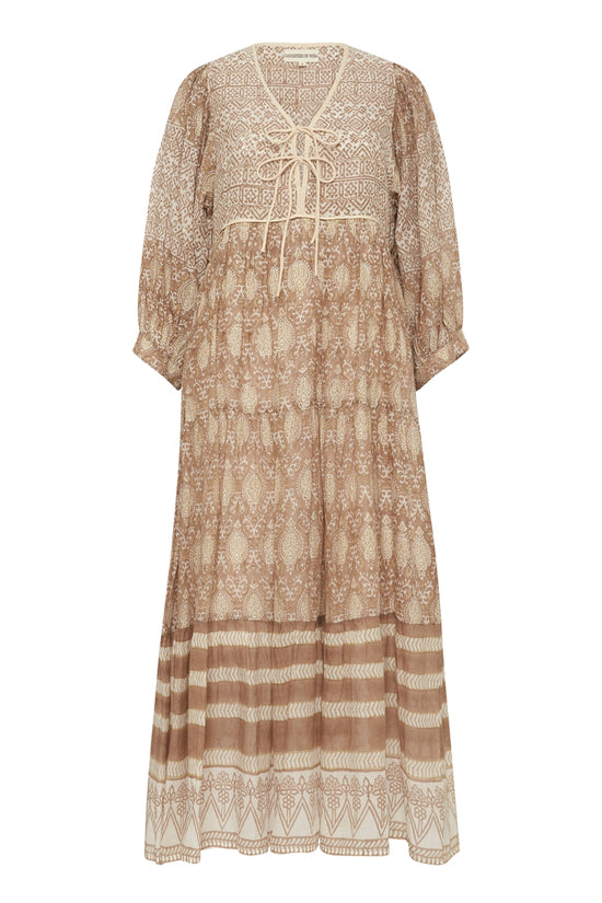 Daughters of India Jasmine Midi Dress in Shell — flat lay showing V-neckline tie, tiered border hem, hand screen print cotton