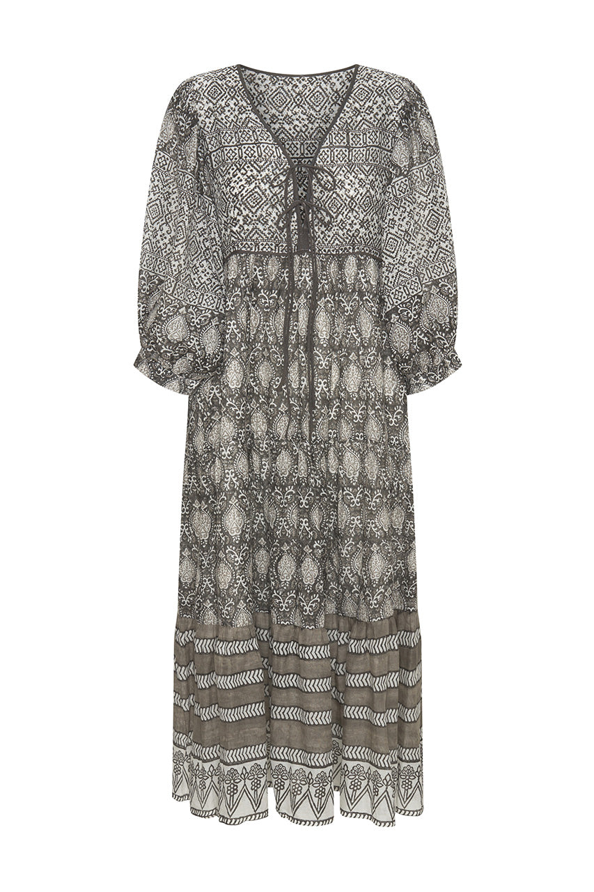 Daughters of India Jasmine Midi Dress in Charcoal — flat lay showing V-neckline tie, tiered border hem, hand screen print